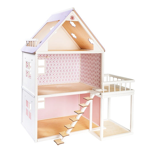 Houten Poppenhuis Twee Verdiepingen Inrichting Witkleurig by ROOSI Traditional Toys