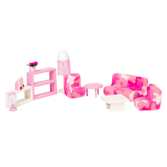 Poppenhuis Woonkamermeubels Gestoffeerd Roze Witte Accenten by ROOSI Traditional Toys