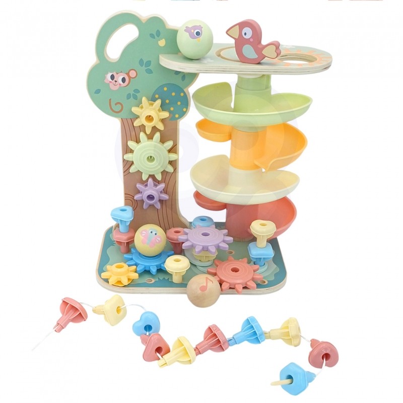 Houten Montessori Activiteitenboom Vier-in-een Knikkerbaan by Woopie Let's Go Green