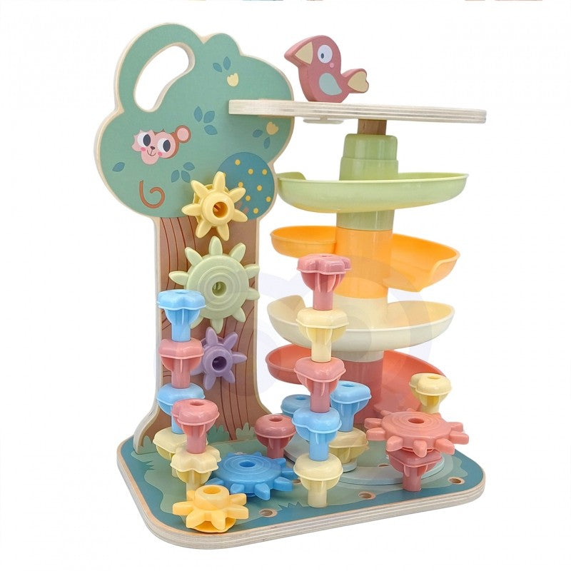 Houten Montessori Activiteitenboom Vier-in-een Knikkerbaan by Woopie Let's Go Green